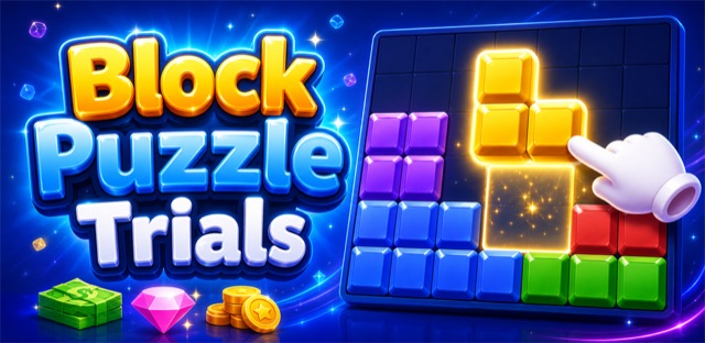 Block Puzzle Trials — slide glowing blocks onto the neon grid