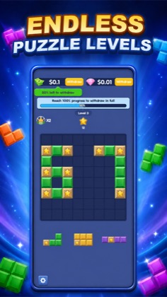 Endless puzzle levels — green and gold star blocks on the grid